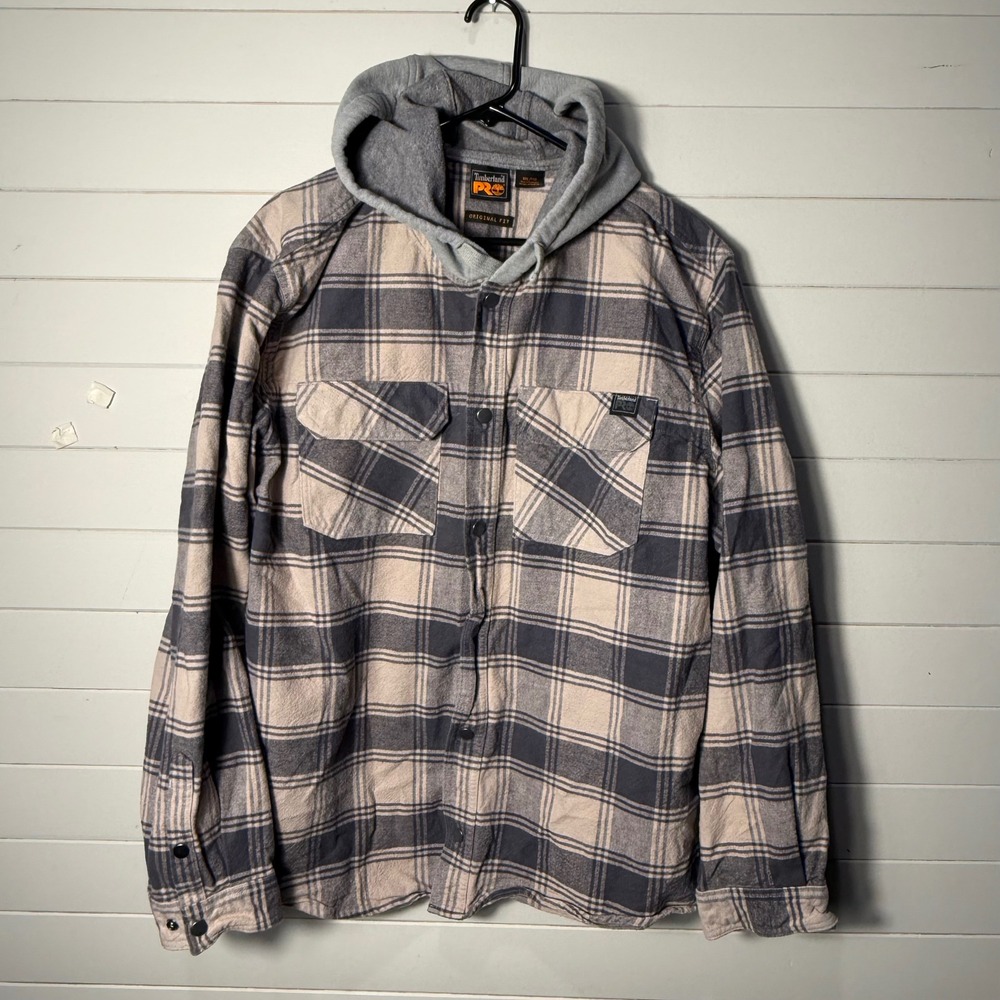 Timberland PRO Mens XXL Gray Plaid Hooded‎ Flannel Shirt Jacket Original Fit